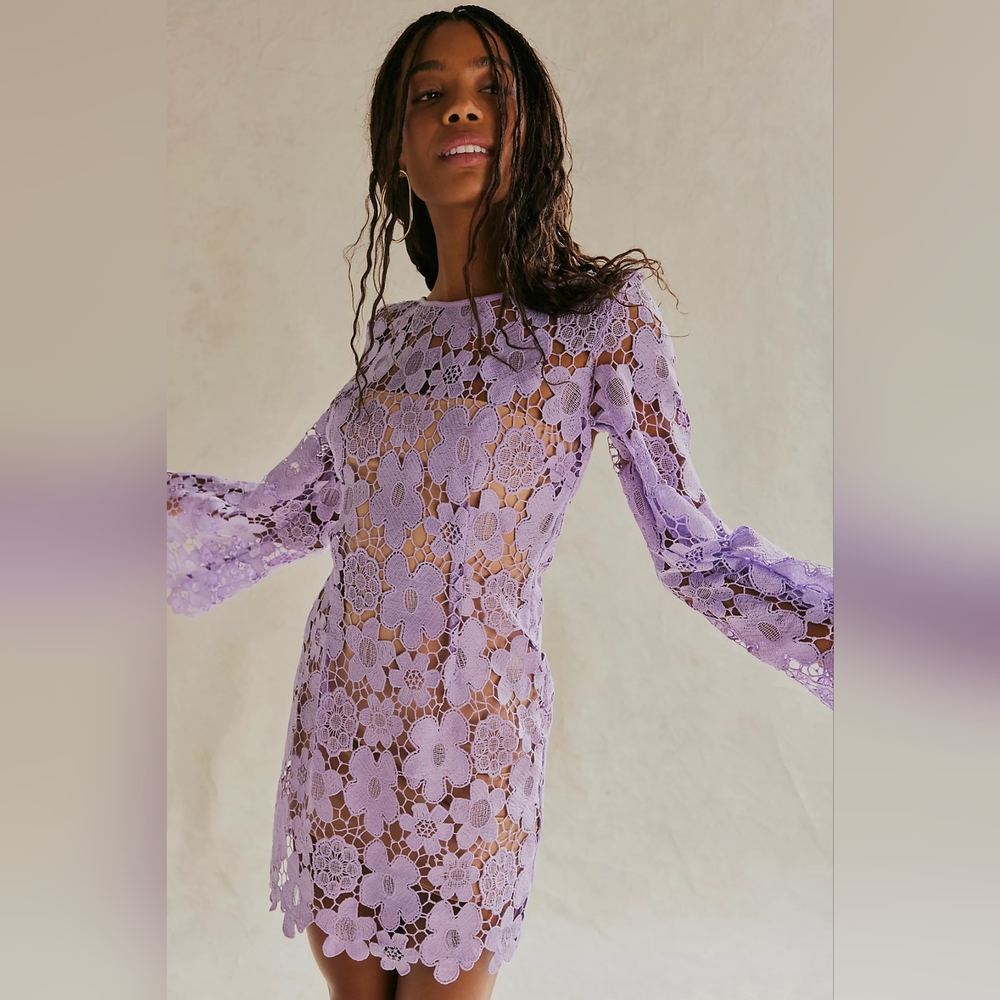 NWT Free People x RUMER Remi Mini Dress Floral Lace Crochet Lilac XS - Picture 5 of 15